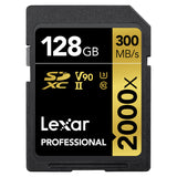 Lexar Professional SDXC Memory Card, 2000x, 64GB, 128GB, 256GB, 512GB Class 10, V90, UHS-II, U3 W/O Reader, R300/W260MBs