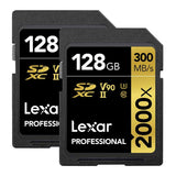 Lexar Professional SDXC Memory Card, 2000x, 64GB, 128GB, 256GB, 512GB Class 10, V90, UHS-II, U3 W/O Reader, R300/W260MBs