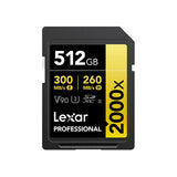 Lexar Professional SDXC Memory Card, 2000x, 64GB, 128GB, 256GB, 512GB Class 10, V90, UHS-II, U3 W/O Reader, R300/W260MBs
