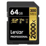 Lexar Professional SDXC Memory Card, 2000x, 64GB, 128GB, 256GB, 512GB Class 10, V90, UHS-II, U3 W/O Reader, R300/W260MBs