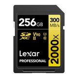 Lexar Professional SDXC Memory Card, 2000x, 64GB, 128GB, 256GB, 512GB Class 10, V90, UHS-II, U3 W/O Reader, R300/W260MBs